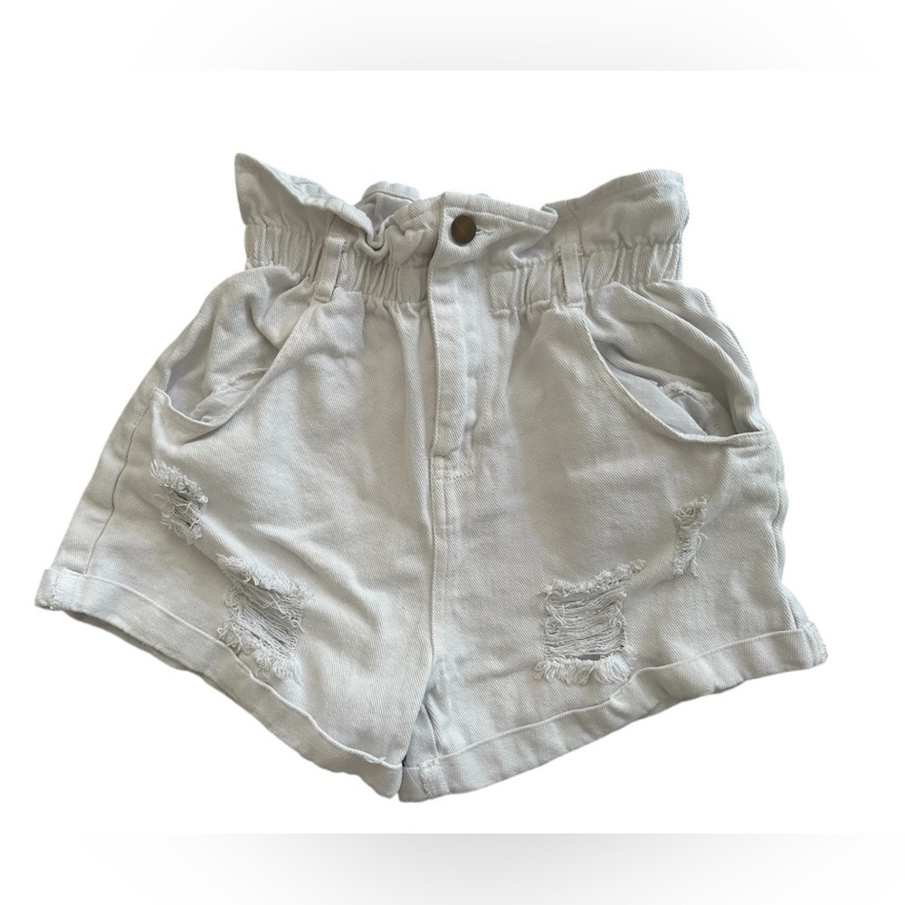 High Waisted Distressed Denim Shorts Paperbag Waist Rolled Hem Casual Summer XS